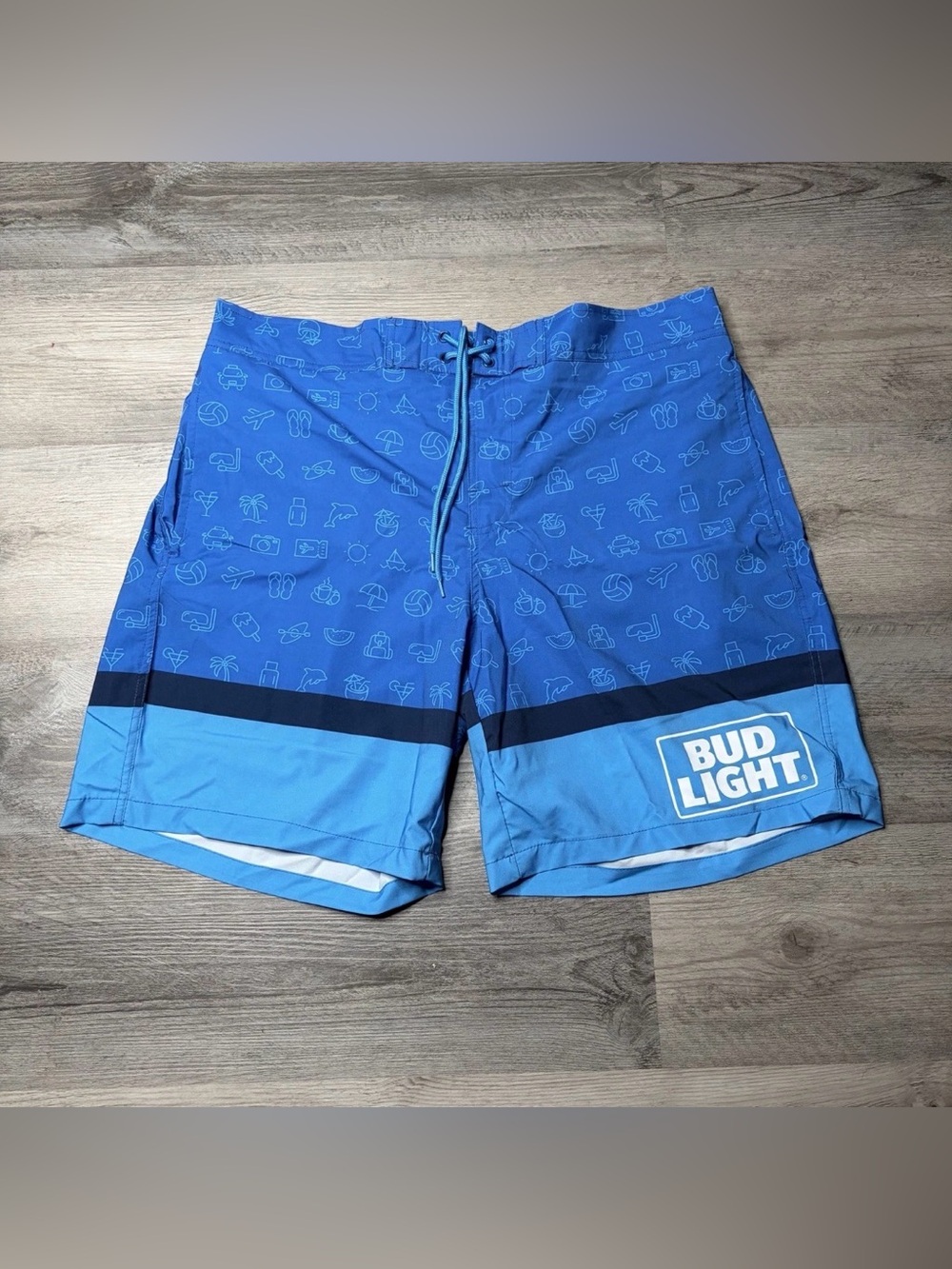 Bud Light Men's Swim Trunks Beach‎ Vacation Icons Blue XL Summer Shorts